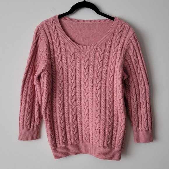 VINTAGE Pink Chunky Cable Knit Scoop Neck Sweater Pullover - Picture 5 of 11
